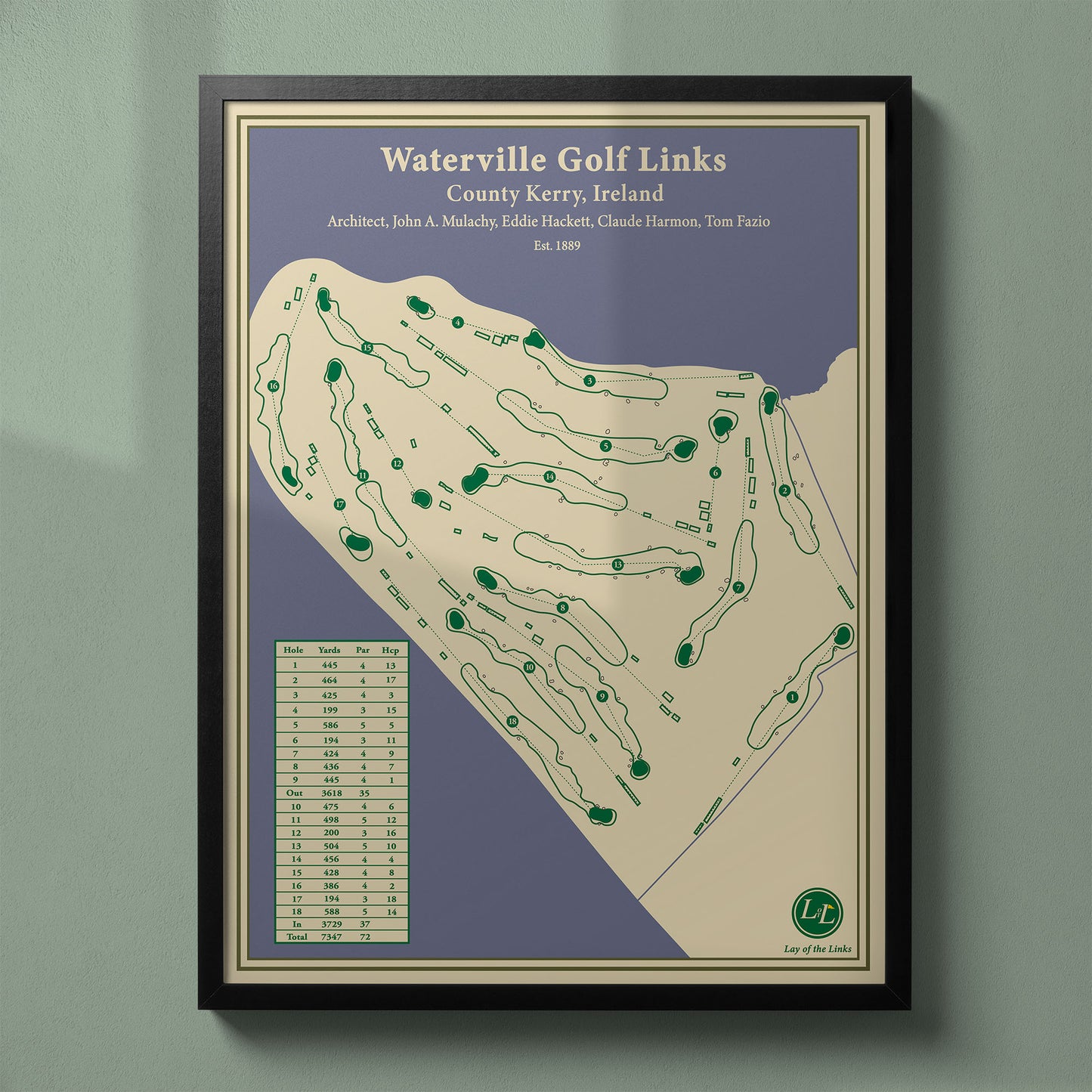 Framed Waterville Golf Links map in a black wood frame showing the Eddie Hackett & Tom Fazio design.