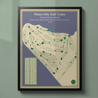 Framed Waterville Golf Links map in a black wood frame showing the Eddie Hackett & Tom Fazio design.