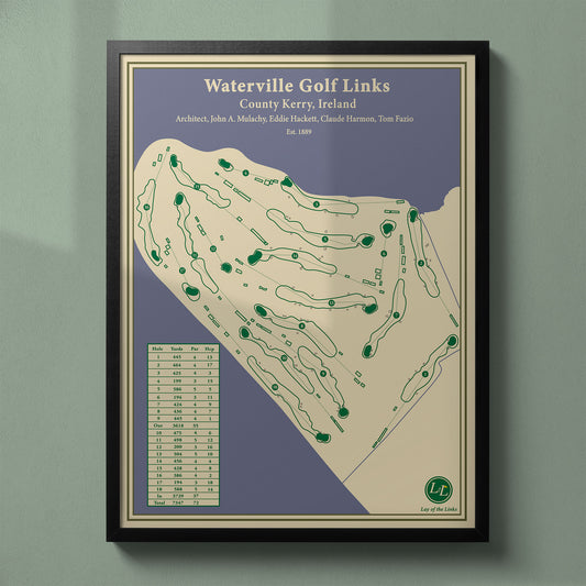 Framed Waterville Golf Links map in a black wood frame showing the Eddie Hackett & Tom Fazio design.
