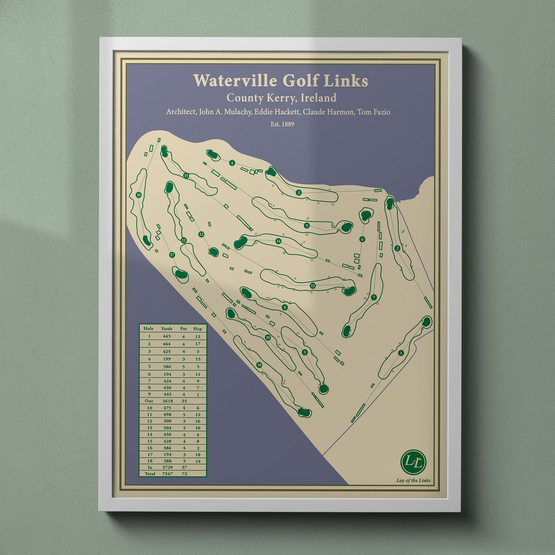 Waterville Golf Links map print in a white frame, featuring the famous "Mass Hole" and Ring of Kerry location.