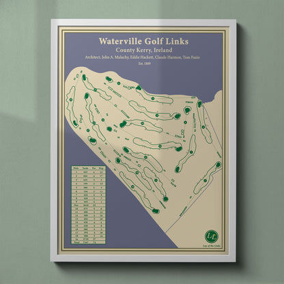 Waterville Golf Links map print in a white frame, featuring the famous "Mass Hole" and Ring of Kerry location.