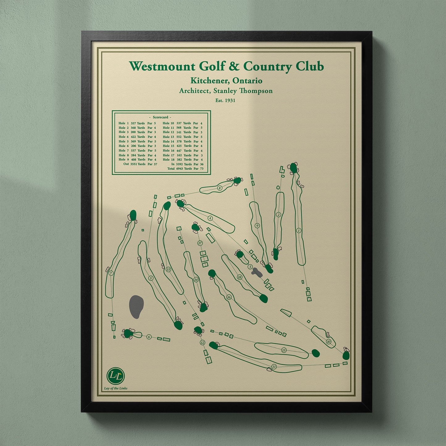 Framed Westmount Golf & Country Club map in a black wood frame showing the classic Stanley Thompson design.