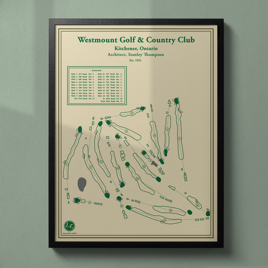 Framed Westmount Golf & Country Club map in a black wood frame showing the classic Stanley Thompson design.