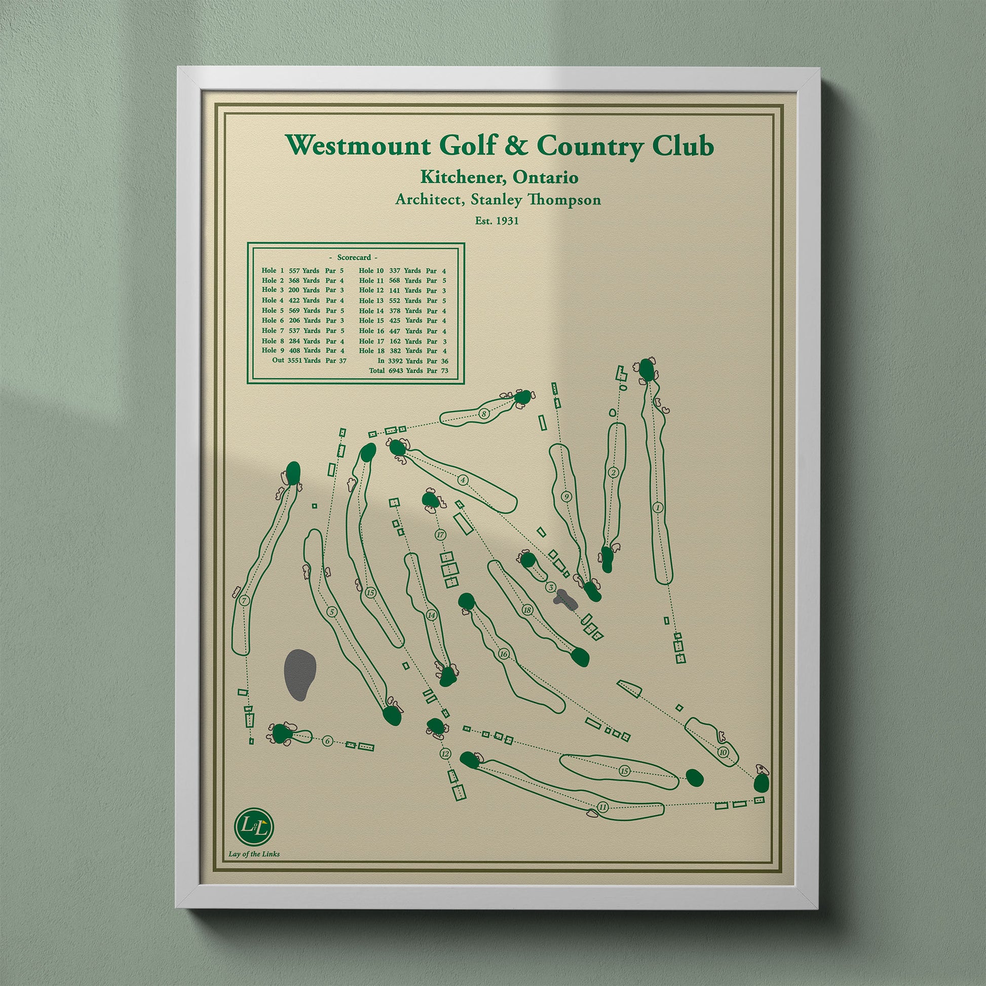 Westmount Golf & Country Club map print in a white frame, featuring the top-ranked private layout in Kitchener-Waterloo.