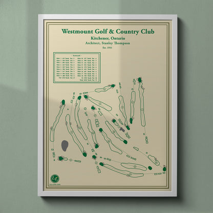 Westmount Golf & Country Club map print in a white frame, featuring the top-ranked private layout in Kitchener-Waterloo.