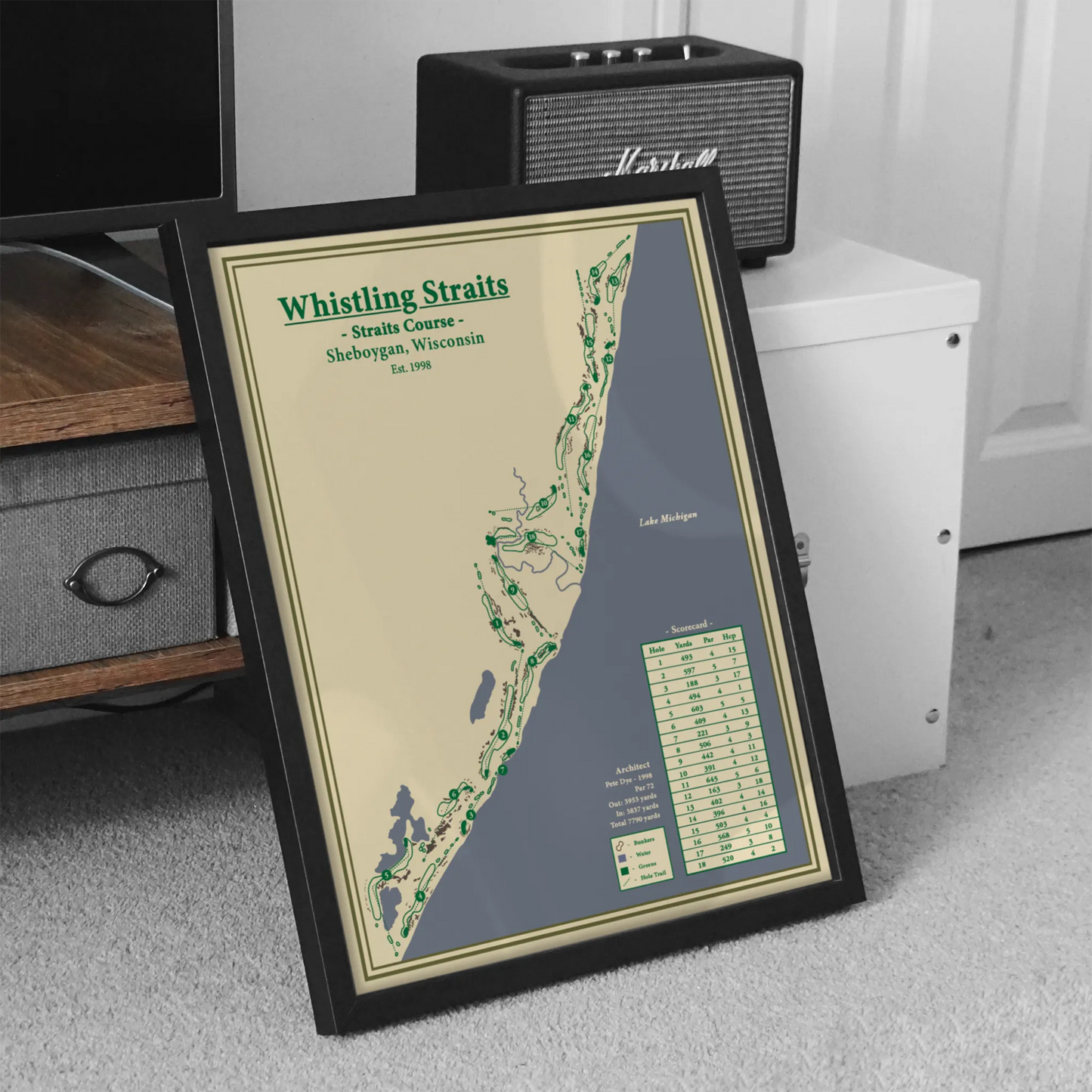 Framed map of Whistling Straits golf course on a carpeted floor.