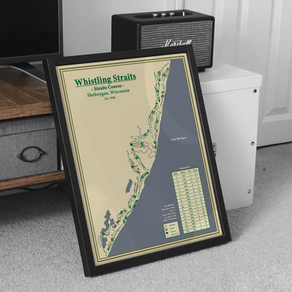 Framed map of Whistling Straits golf course on a carpeted floor.