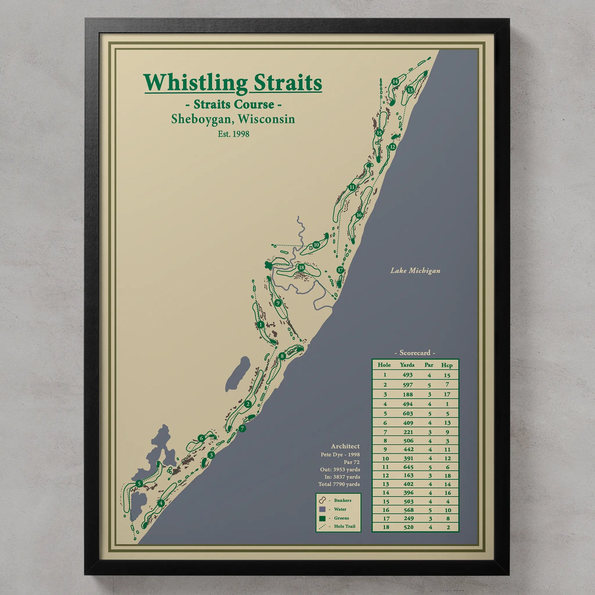 Whistling Straits Golf Course Map Print designed by Lay of the Links art studio